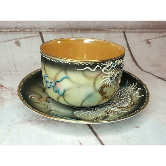 Vintage Japanese Dragonware Teacup & Saucer Set Moriage Demitasse Hand Painted - Picture 3 of 11